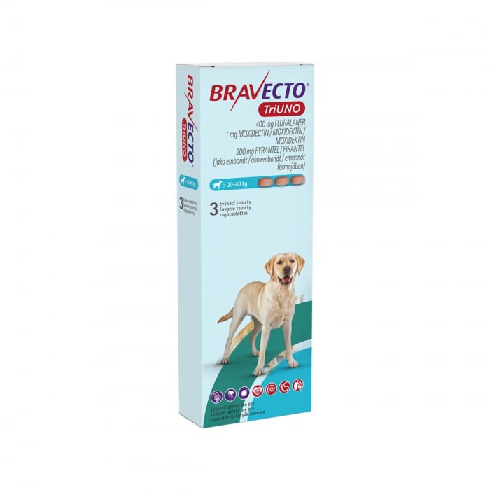 Reducere 51% - BRAVECTO TRIUNO antiparazitar intern si extern pentru caini 400mg (20-40 kg) - 3 tablete masticabile 1 BRAVECTO TRIUNO antiparazitar intern si extern pentru caini 400mg (20-40 kg) - 3 tablete masticabile