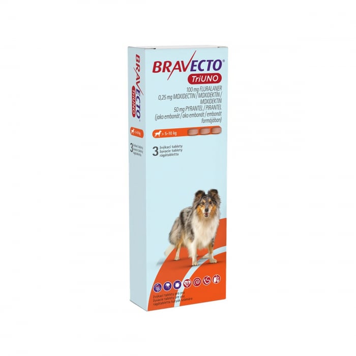 Reducere 51% - BRAVECTO TRIUNO antiparazitar intern si extern pentru caini 100mg (5-10 kg) - 3 tablete masticabile 1 BRAVECTO TRIUNO antiparazitar intern si extern pentru caini 100mg (5-10 kg) - 3 tablete masticabile