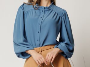 Camasa DY Fashion albastra din voal plin cu guler incretit
