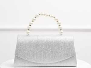 Clutch elegant argintiu cu glitter si maner din perle