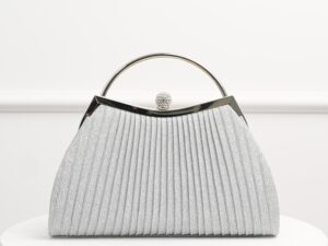 Clutch elegant din lurex argintiu cu maner metalic rotund