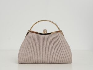Clutch elegant din lurex sampanie cu maner metalic rotund
