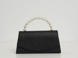 Clutch elegant negru cu glitter si maner din perle