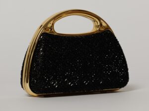 Clutch negru cu pietre stralucitoare si maner auriu