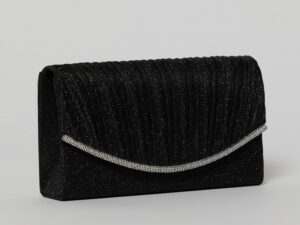 Clutch negru elegant cu clapeta curbata si detalii plisate