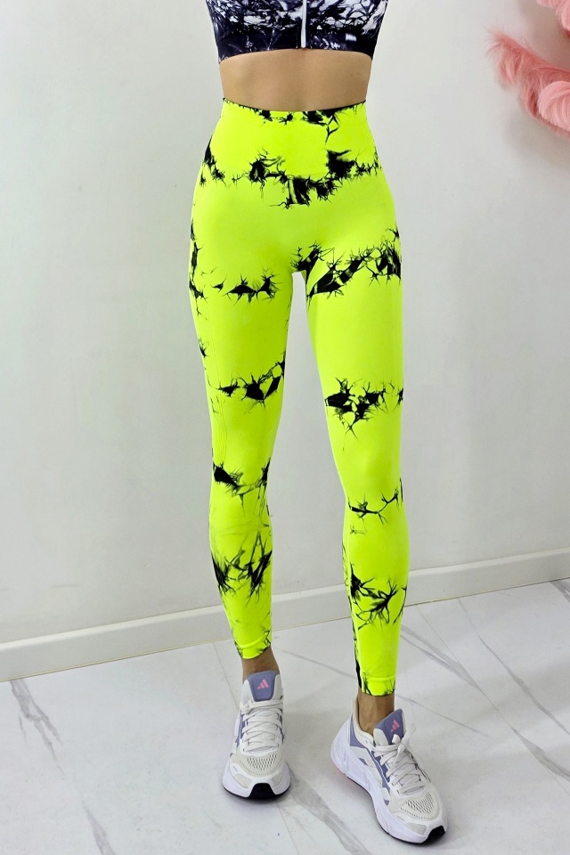 Reducere 45% - Colanti fitness cu nervuri, Kabyn, push up si banda talie, Galben Neon-Negru 1 Colanti fitness cu nervuri