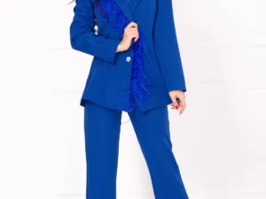 Compleu elegant albastru royal cu pantalon evazat si aplicatie din fulgi