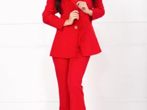 Compleu Valentine's rosu elegant cu pantalon evazat si aplicatie din fulgi