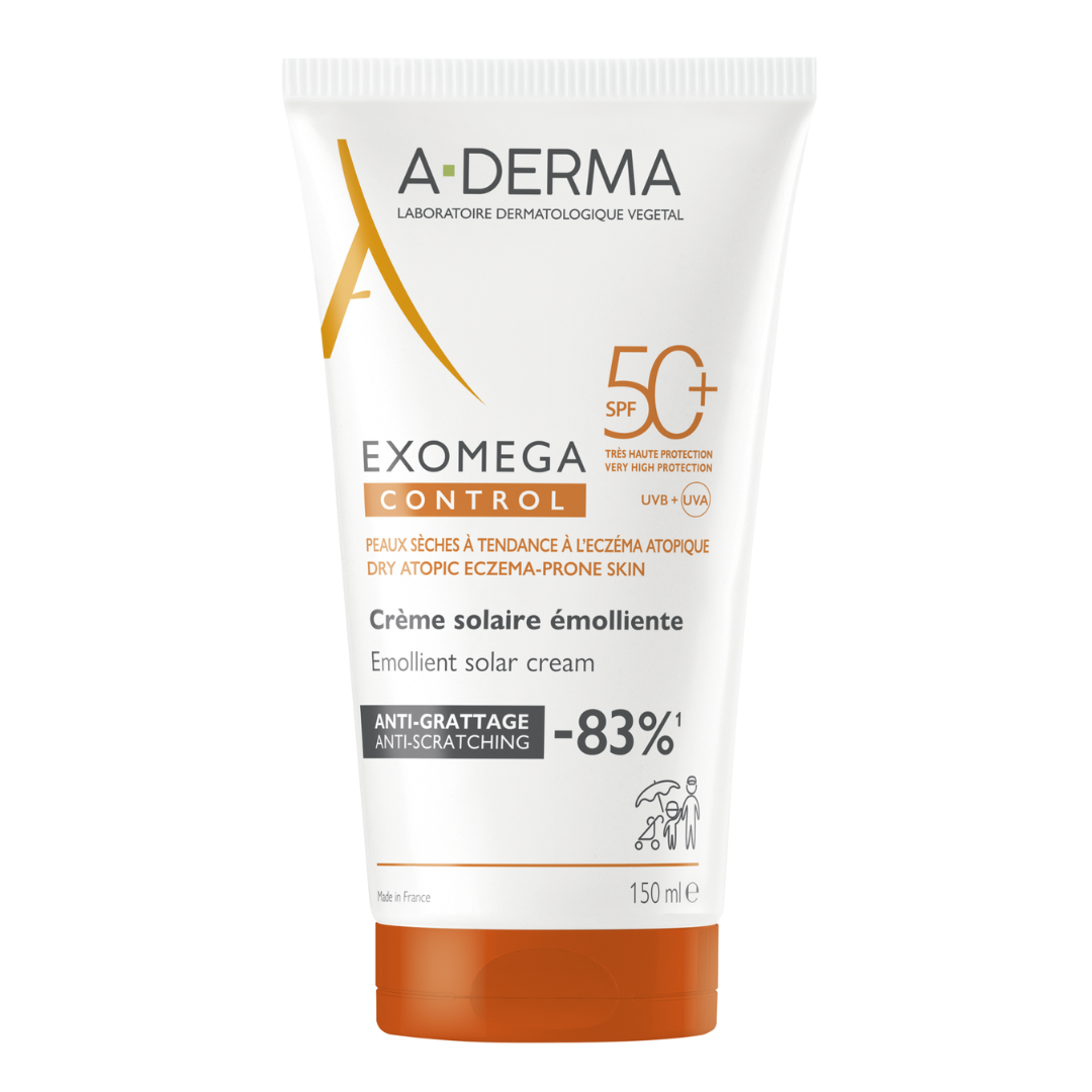 Reducere 20% - Crema emolienta cu protectie solara SPF50+ pentru pielea sensibila Exomega Control, 150 ml, A-derma 1 Crema emolienta cu protectie solara SPF50+ pentru pielea sensibila Exomega Control
