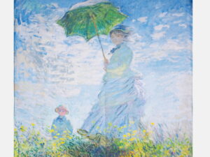 Esarfa patrata cu o singura fata imprimata cu reproducerea dupa   Fata cu umbrela   a lui Claude Monet