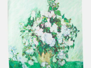 Esarfa patrata cu o singura fata imprimata cu reproducerea dupa    Vaza cu trandafiri albi   de Van Gogh