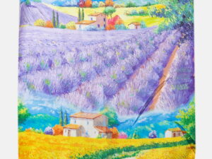 Esarfa patrata cu o singura fata imprimata dupa reproducerea unui tablou cu gradina de lavanda
