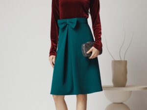 Fusta DY Fashion midi office din stofa verde cu funda si pliu pe talie