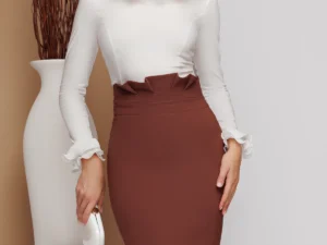 Fusta eleganta office maro conica cu pliuri in talie