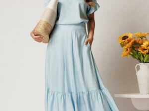 Fusta midi bleu din rayon in clos cu volan la baza