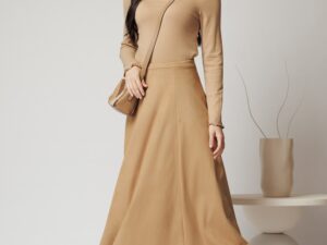 Fusta midi din catifea maro camel