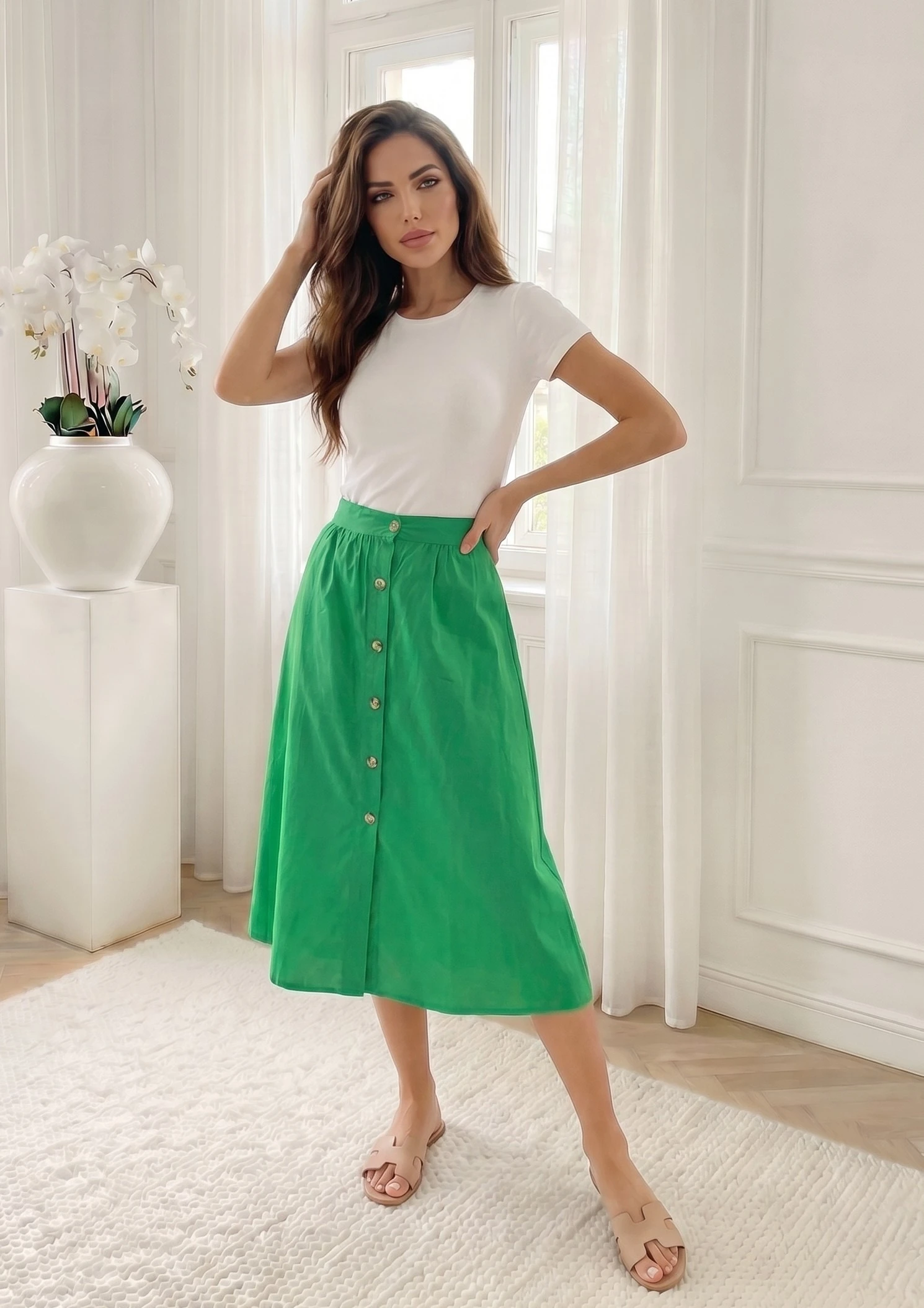 Reducere 26% - Fusta midi verde din bumbac cu n... 2 Reducere 26% - Fusta midi verde din bumbac cu n... - imagine 2