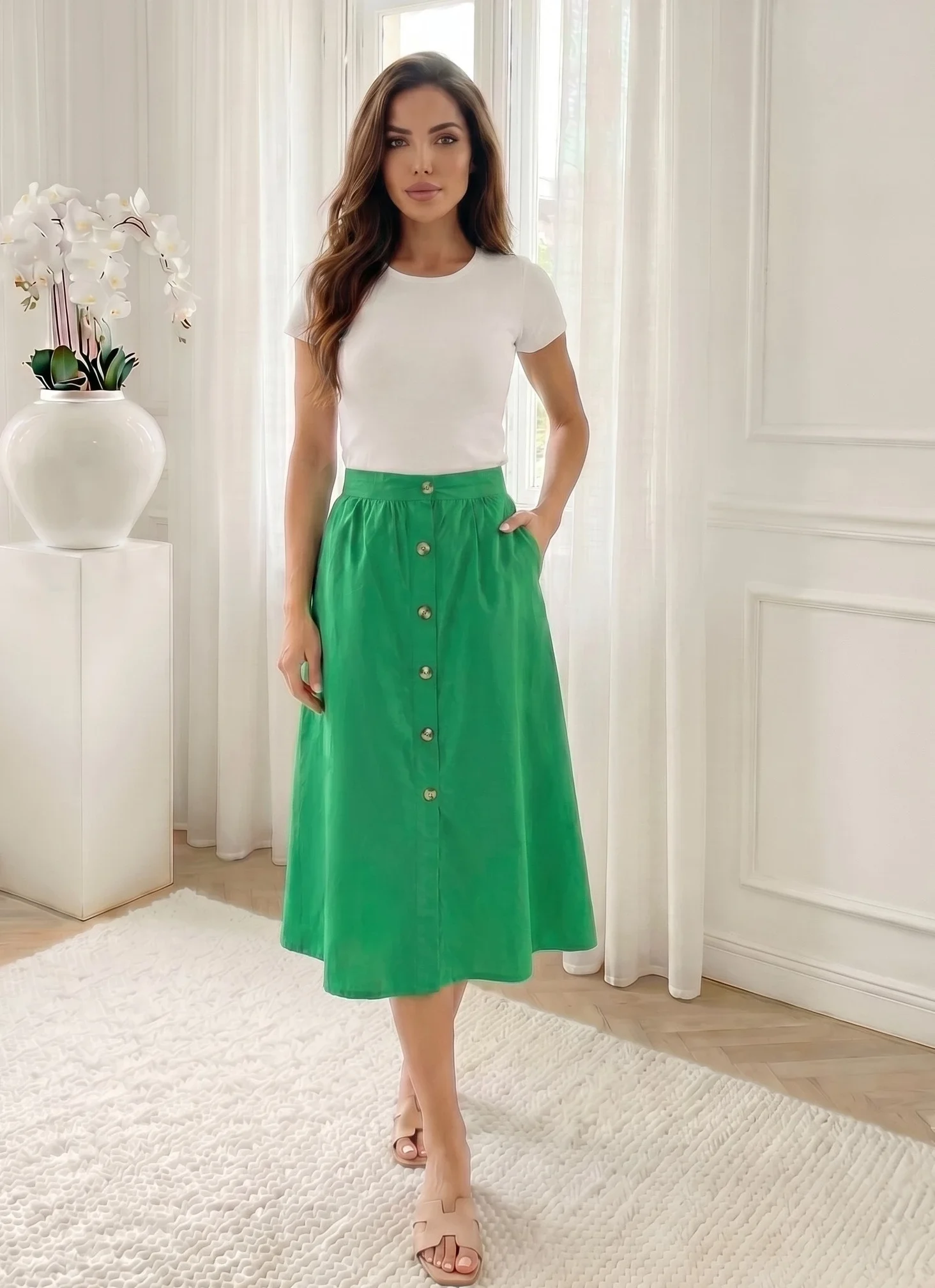 Reducere 26% - Fusta midi verde din bumbac cu n... 1 Fusta midi verde din bumbac cu n...
