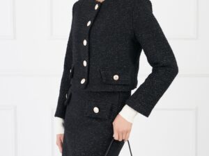 Fusta Simina neagra din tweed cu insertii din fir lurex