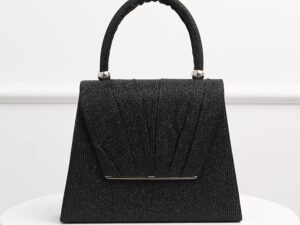 Gentuta neagra din glitter cu detalii plisate si maner rotund