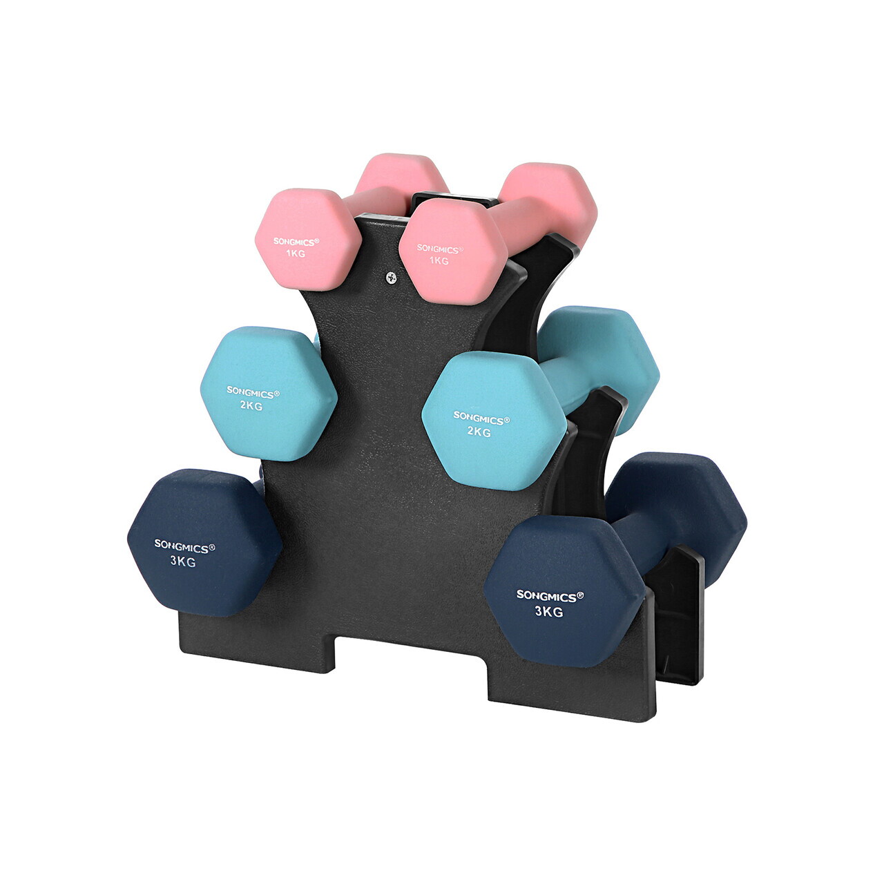Reducere 16% - Set gantere fitness 6 piese cu suport, 2 x 1 kg + 2 x 2 kg + 2 x 3 kg, Songmics, neopren, roz/aqua/albastru 1 Set gantere fitness 6 piese cu suport