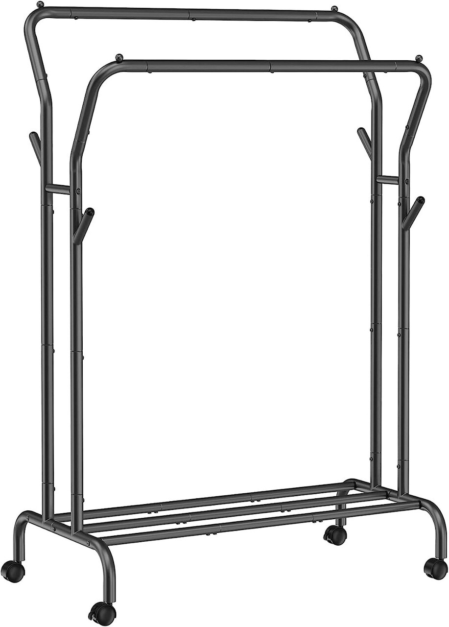 Reducere 23% - Suport mobil pentru umerase cu doua bare Songmics, 103.5x52.5x155 cm, otel, negru 1 Suport mobil pentru umerase cu doua bare Songmics