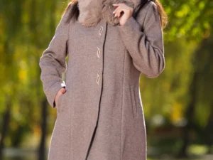 Palton dama elegant aluna Anais din stofa cu guler din blana
