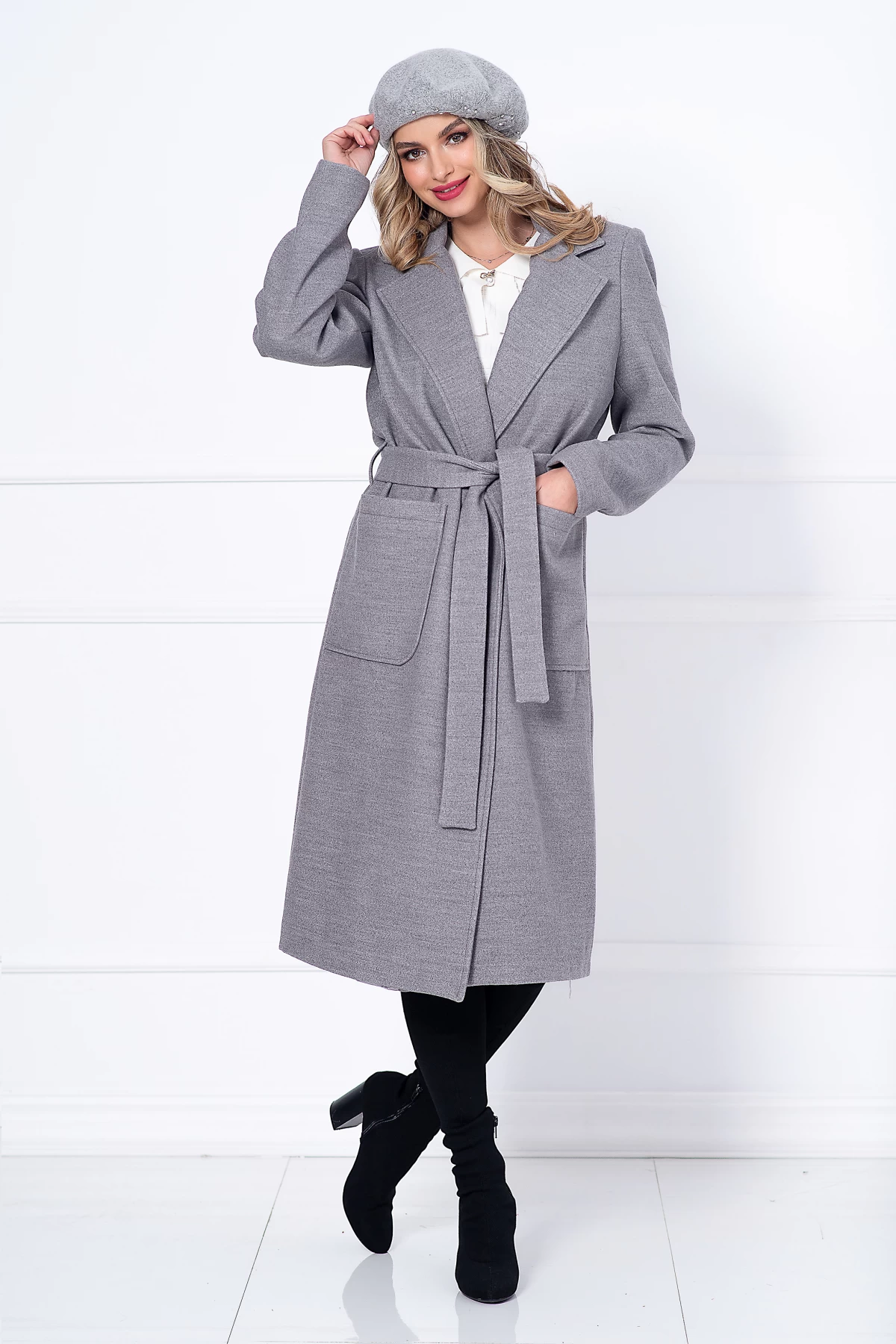 Reducere 15% - Palton dama gri lung Adelina cu buzunare maxi 1 Palton dama gri lung Adelina cu buzunare maxi