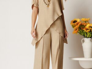 Pantaloni bej din rayon cu croi lejer si elastic in talie