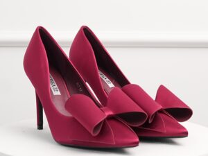 Pantofi bordo din material satinat cu funda maxi pe varf