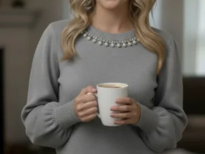 Pulover gri din tricot cu perlute
