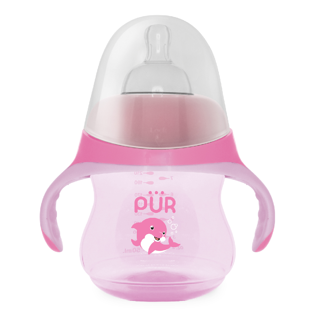Reducere 20% - Biberon cu manere tip delfin, roz, 230ml, PUR 1 Biberon cu manere tip delfin
