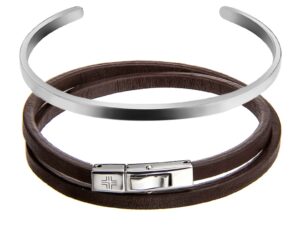 Set de bratara de piele si bratara rigida metalica