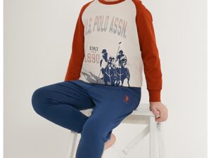 Pijama cu pantaloni lungi si model colorblock - Bej/Caramiziu/Bleumarin