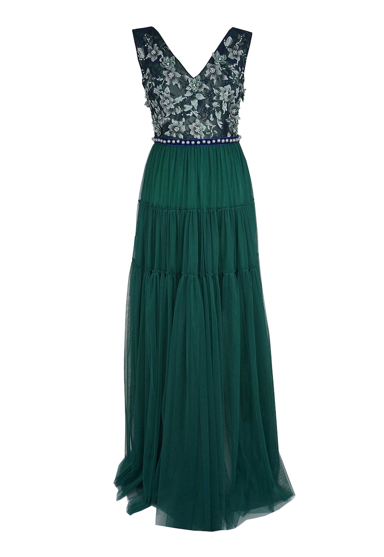 Reducere 85% - Rochie maxi stratificata cu motive florale brodate - Verde inchis 1 Rochie maxi stratificata cu motive florale brodate - Verde inchis