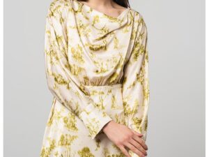 Rochie de satin cu imprimeu grafic - Alb fildes/Verde lime
