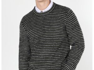 Pulover cu decolteu rotund si model in dungi - Alb/Negru/Verde padure