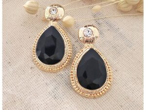 Cercei drop cu tija si zirconia si agate - Auriu/Negru