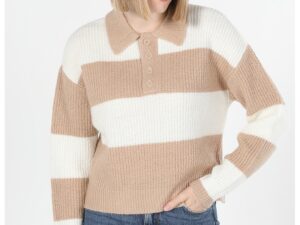 Pulover cu model in dungi si maneci cazute - Alb/Bej