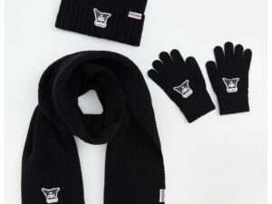 Set de fular - caciula si mabusi cu aplicatie - 3 piese - Alb/Negru