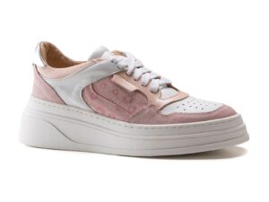 Pantofi sport de piele si piele intoarsa cu imprimeu - Alb/Bej/Roz
