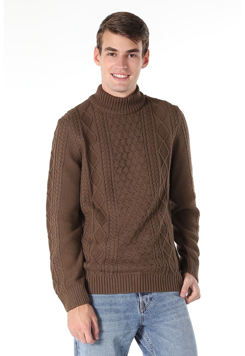 Reducere 83% - Pulover cu model torsade si guler scurt - Maro 1 Pulover cu model torsade si guler scurt - Maro