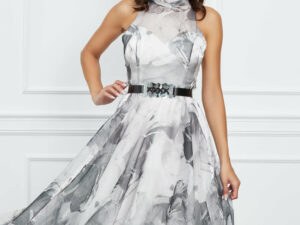 Rochie Adina gri din organza cu imprimeuri