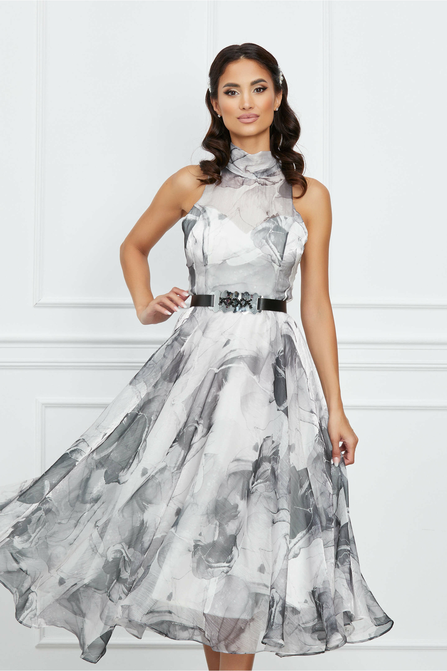 Reducere 60% - Rochie Adina gri din organza cu imprimeuri 1 Rochie Adina gri din organza cu imprimeuri