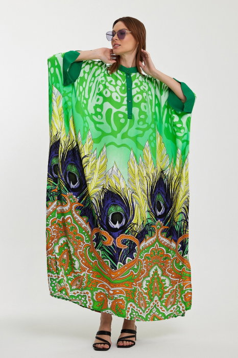 Reducere 26% - Rochie camasa oversize cu imprimeu paun, verde 1 Rochie camasa oversize cu imprimeu paun