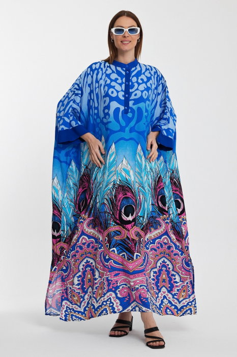 Reducere 26% - Rochie camasa oversize cu imprimeu paun, albastra 1 Rochie camasa oversize cu imprimeu paun