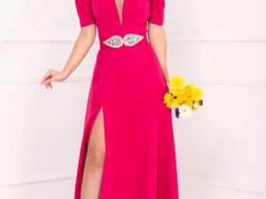 Rochie de ocazie zmeura Alissa cu crapatura pe picior si fulgi la umeri