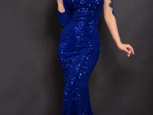 Rochie de seara albastra din paiete Agathe cu broderie aplicata