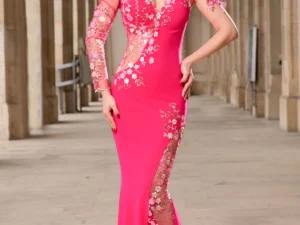 Rochie de seara eleganta lunga roz Anelisse tip sirena cu flori brodate