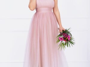 Rochie de seara Kendra lunga rose in degrade eleganta din tulle cu floare 3D
